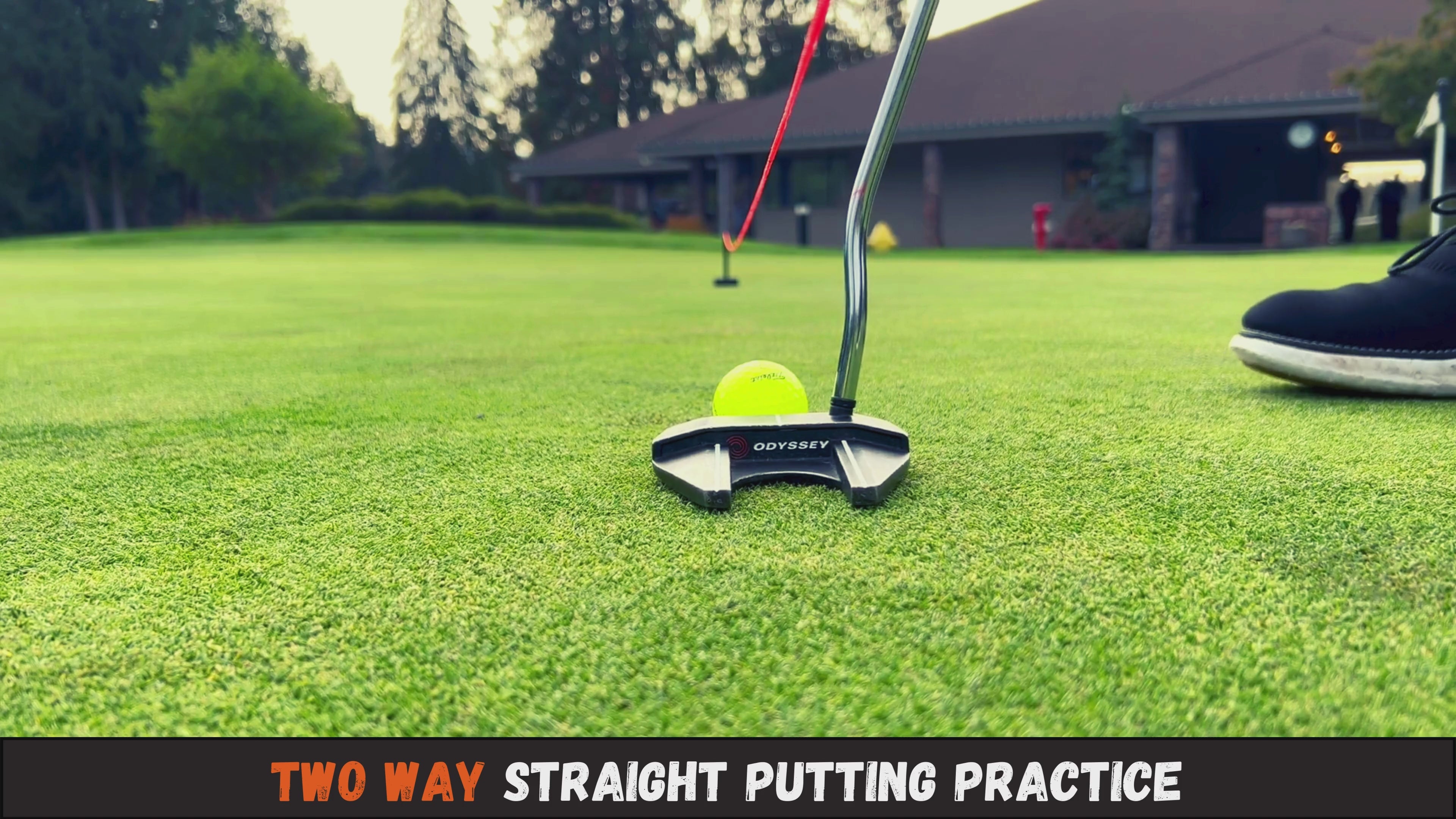 Video showing a putting green set up with Putt Line string line and pucks showing different ways that Putt Line can be set up with both two-way straight putting and breakng putting