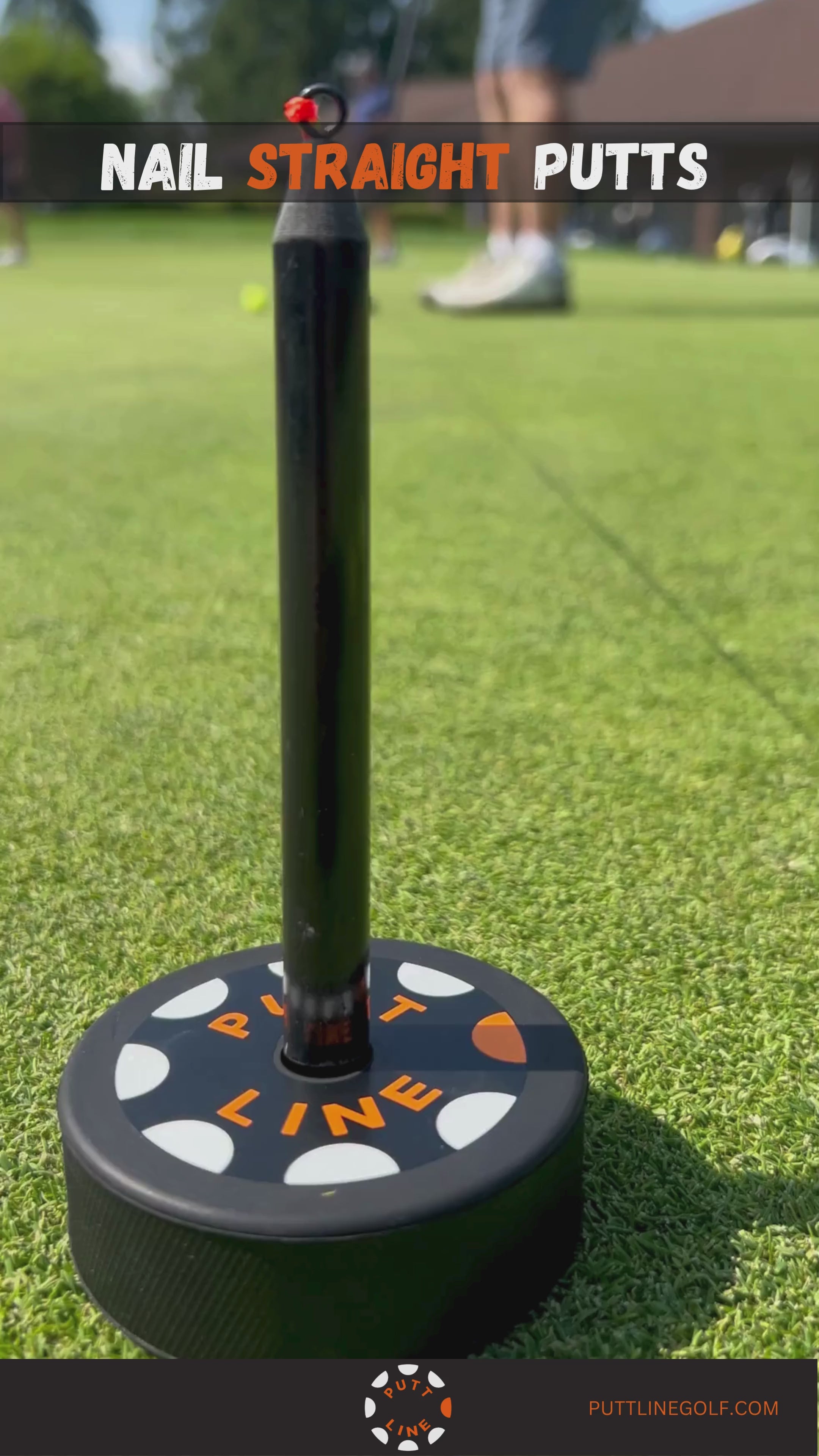 Putt Line Two-Way Putting Practice System with Straight Line String Line Set up in the middle of the frame with a golfer putting directly towards the camera to hit the straight line towards the visual rubber puck in the foreground of the frame. 